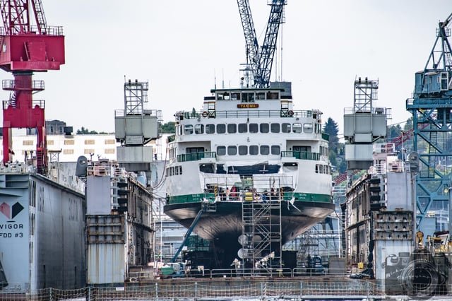 Washington State Super-class Ferry M/V Yakima, constructed 1967, at Vigor drydock on Harbor Island. Extensively rebuilt in 1999, the Yakima suffered a fire in 2016 while sailing in the San Juan Islands. Removed from service in 2023 and again in April 2026 for mechanical issues: