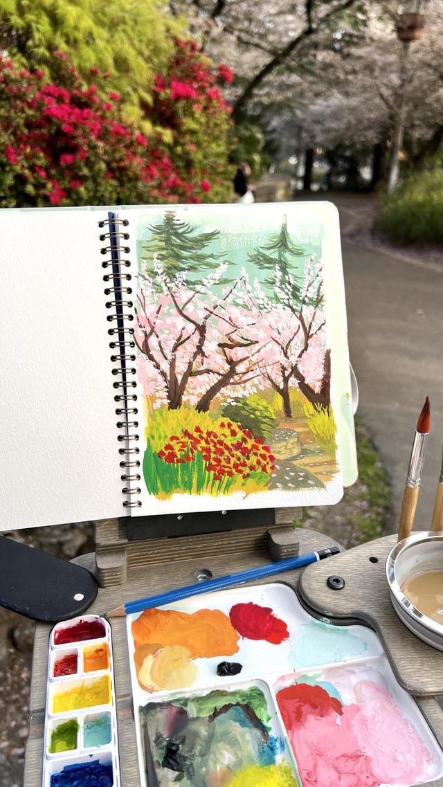 Painted the cherry blossoms at Kobe Terrace in perfect weather 🌸