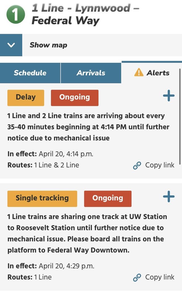 Link 1 and 2 Lines heavily delayed, train stuck near UW station causing severe delays