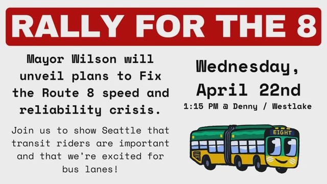 🚨﻿ BR8KING NEWS!!! 🚨 | ﻿ Mayor Katie Wilson will speak THIS WEDNESDAY, 1:15PM @ Denny/Westlake to unveil plans to Fix the Route 8 speed and reliability crisis. | Come join us to Rally for The L8 and show support!