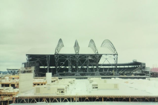 A shot of newly constructed Safeco Field, taken from the Kingdome ramp. 1999.