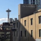 The Seattle Times + Space Needle, 4/7/2026, 4:38 PM For the past 4 months I’ve been walking around the city and taking pictures. This was my favorite bit of serendipity. I was leaving a book store with my friend and we were walking and The Seattle Times with the Space Needle was a nice setup for a