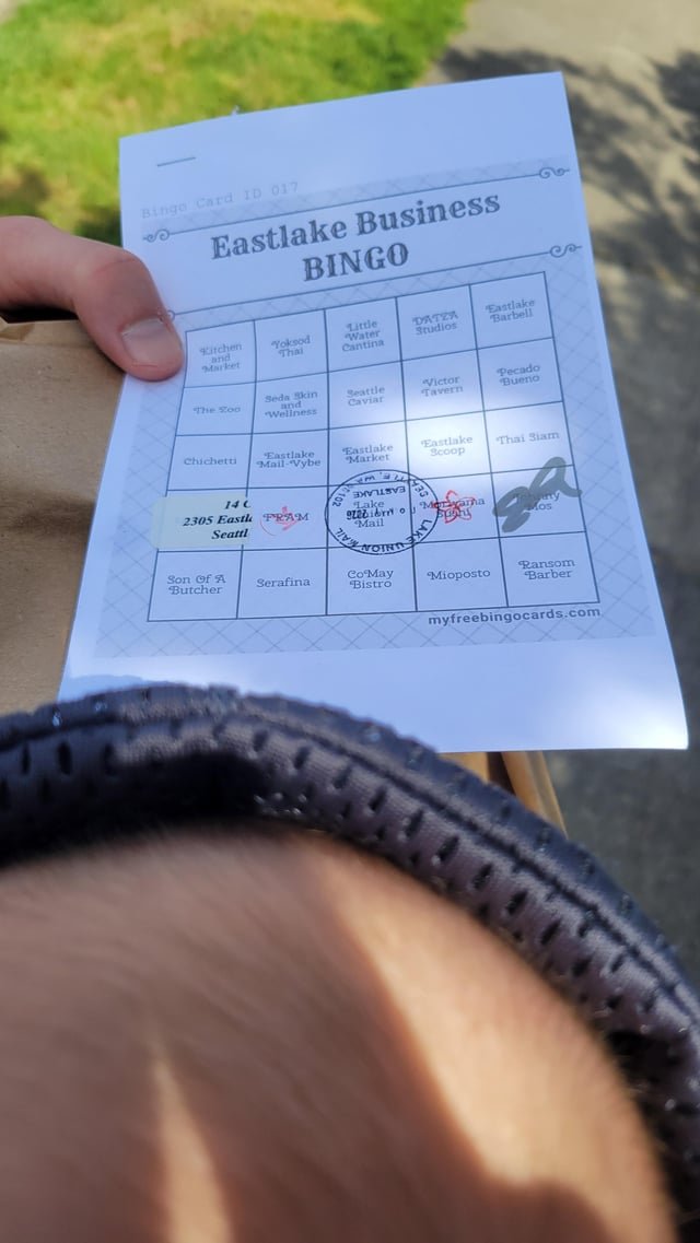 My newborn and I are cleaning up Eastlake Business Bingo
