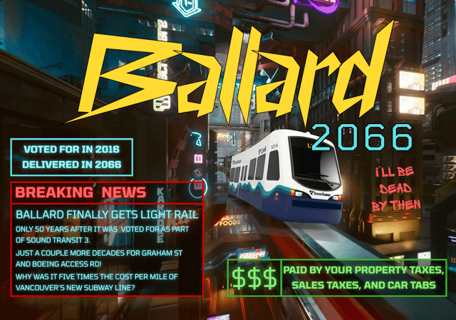 I made a Cyberpunk-style poster about the rumored Ballard rail timeline