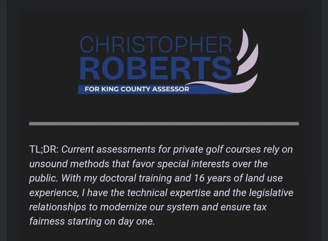 [BSKY] King County Assessor candidate (and Shoreline CM) Christopher Roberts throws down the gauntlet on one of Bluesky’s favorite niche topics…how golf courses get taxed. via @typewriteralley.bsky.social