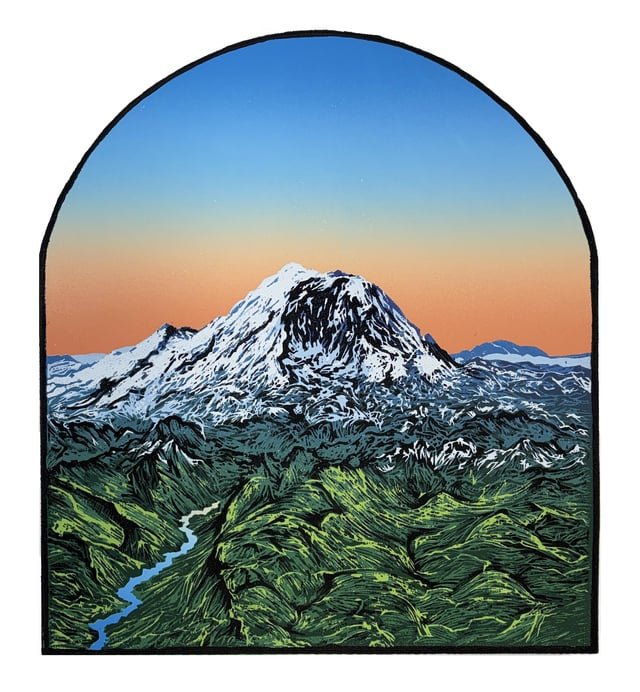 New work! Mt. Rainier (looking south), 12″x13.25″ reduction woodcut