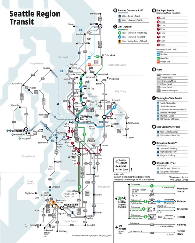 The first official Seattle region-wide transit map for all Puget Sound transit agencies