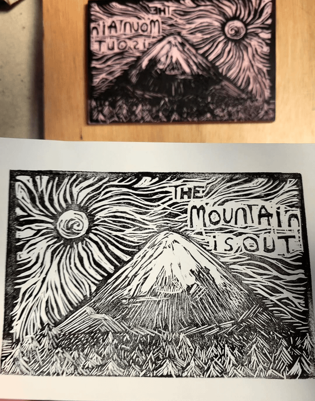 The beautiful weather lately inspired me. “The mountain is out” a little linocut print :)