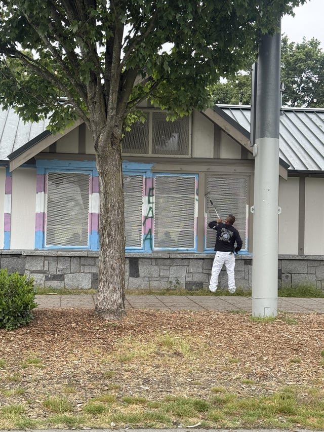 Trans flag being painted over at Cal Anderson