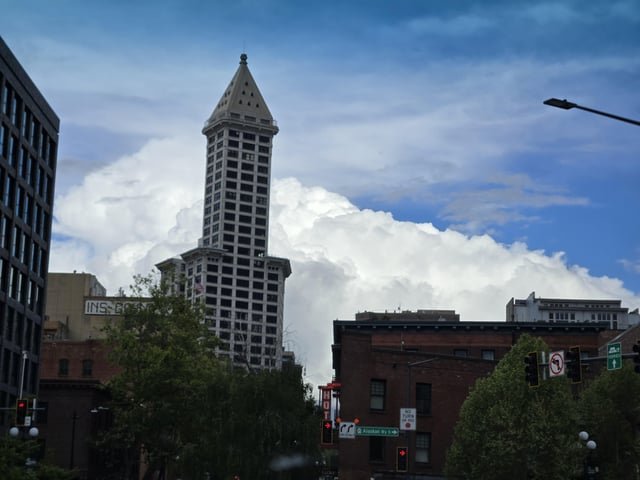 Smith Tower in the clouds