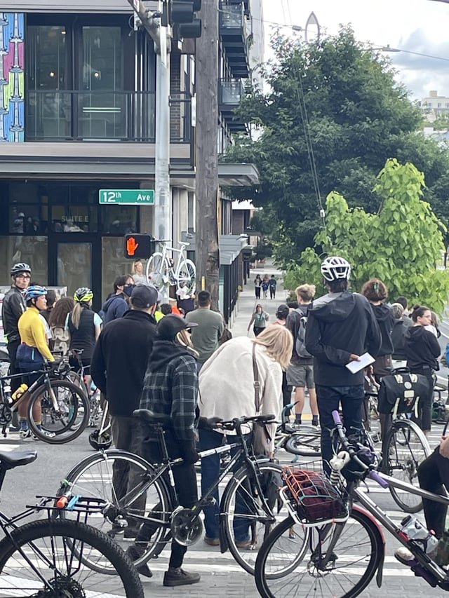 Current memorial for a cyclist who recently died after being hit by a garbage truck
