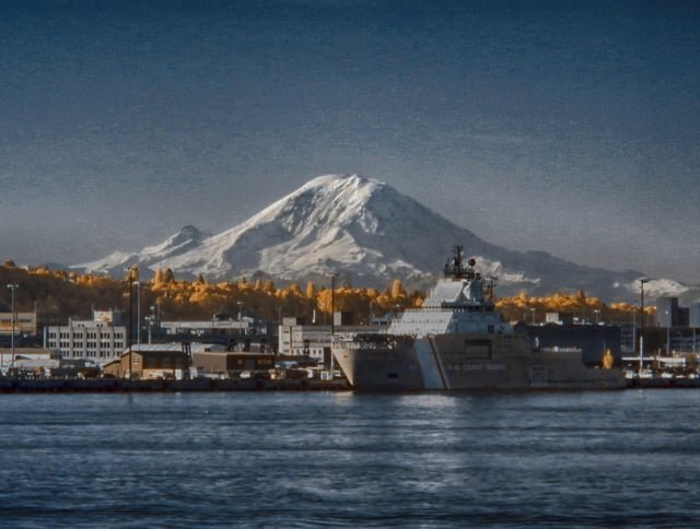 Color Infrared shot of Mt. Rainier and Coast Guard Vessel Stolis