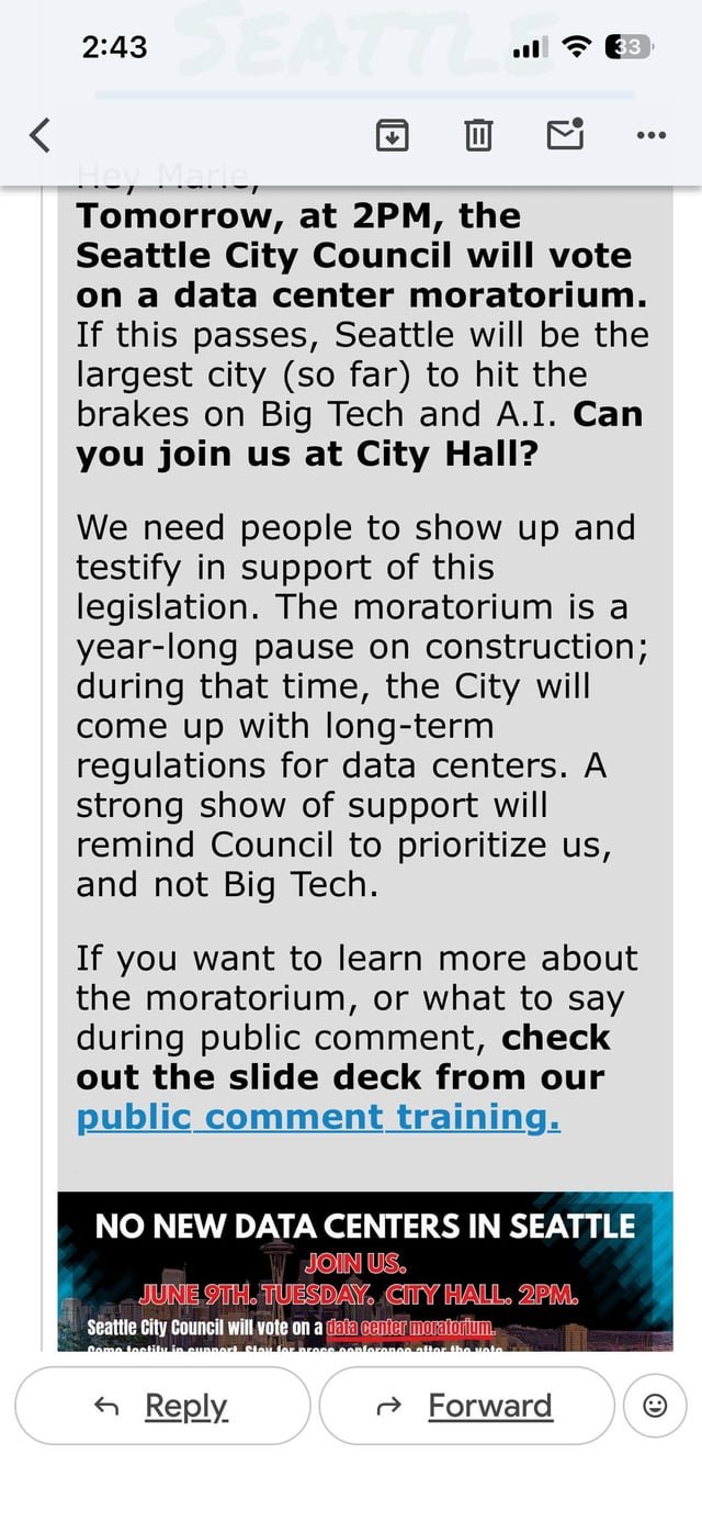 Tomorrow, 6/9/26 @2pm join us at City Hall for the Seattle City Counsel vote on AI Data Center Moratorium