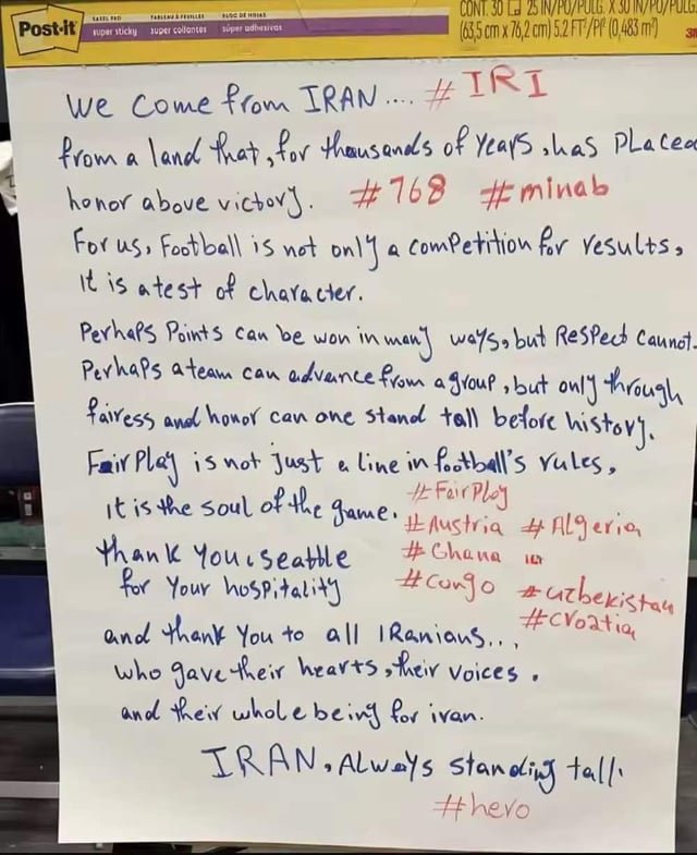 After their match against Egypt, Iran left a message in the dressing room, thanking Seattle for its hospitality.