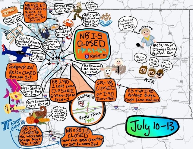 The World Cup is over. The orange boxes are back. This week’s paint map is headlined by a full NB I-5 closure through Seattle
