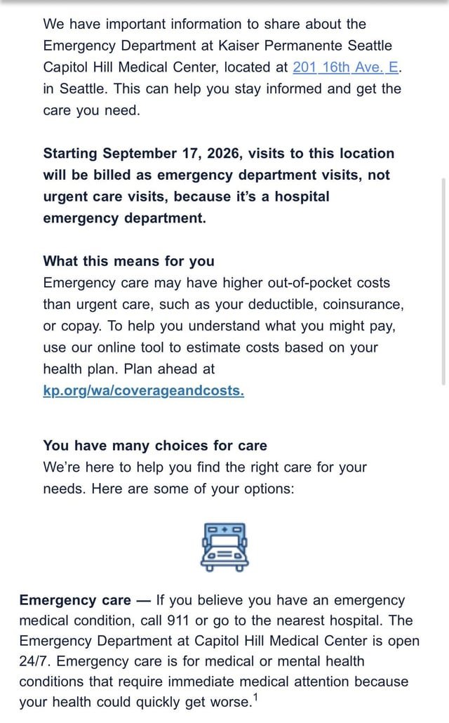 Capitol Hill Kaiser Urgent Care will now be classified as an ER, will begin billing as one on 9/17/26