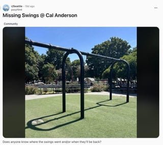 Cal Anderson Park notes: ‘e-bonfire’ damage, what happened to the missing swings, Capitol Hill Garage Sale Day 2026