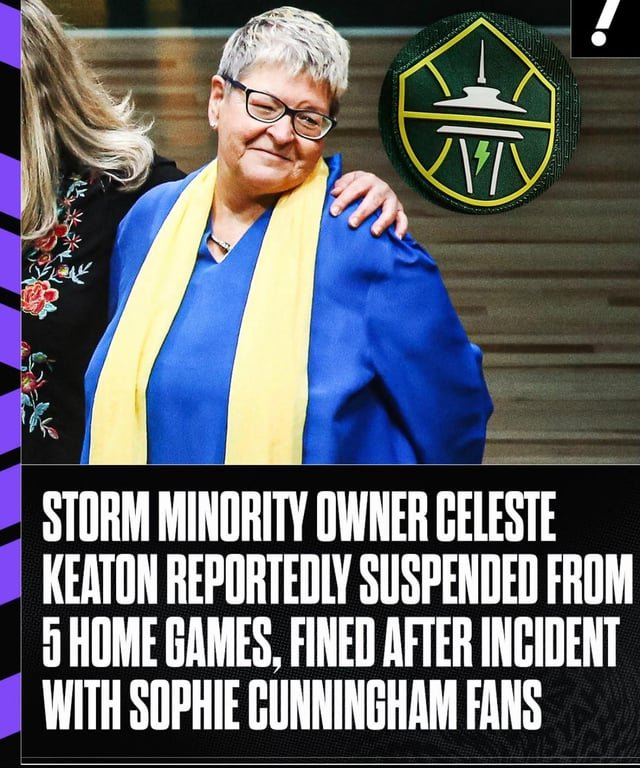 Seattle Storm minority owner Celeste Keaton has been fined by the WNBA and suspended for her team’s next five home games following an incident Tuesday night involving a pair of Sophie Cunningham fans
