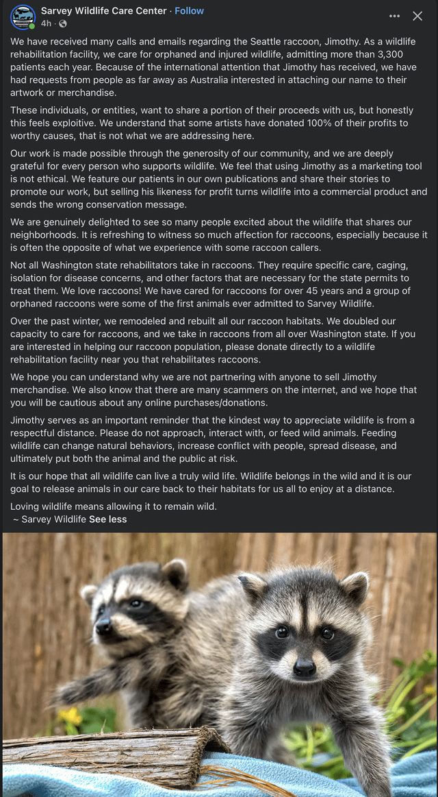 Sarvey Wildlife Care Center comments on Jimothy