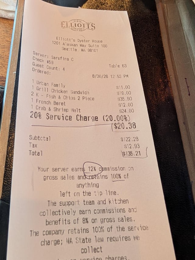 Elliot’s Oyster House has some swarmy Service Charges.
