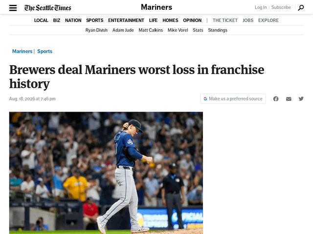 Brewers deal Mariners worst loss in franchise history.