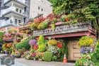 West Seattle’s fabulous Alki Avenue Flower Houses, constructed 1916 (left) and 1914, in their full summer glory. Realtor Randie Lou Stone purchased the two buildings in 1989 after moving to Seattle from Hawaii, and credits the islands as inspiration for her homes’ cornucopia of color: