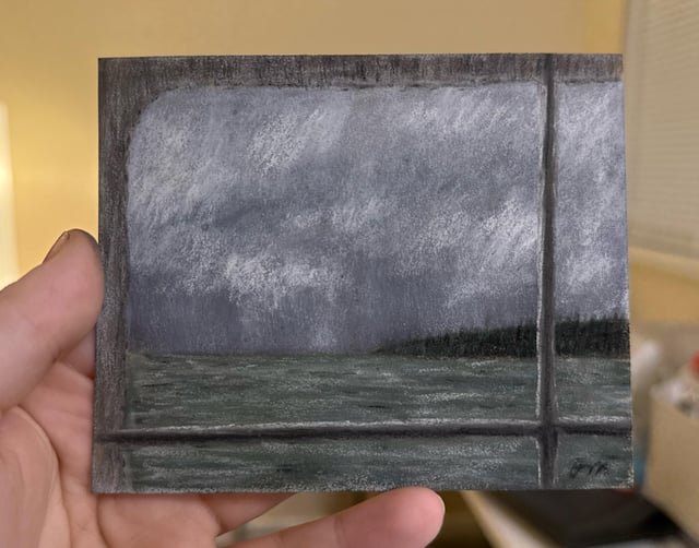 I missed Seattle so I did a painting of the view from the car deck of the ferry in the rain.