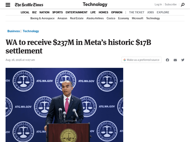 WA to receive $237M in Meta’s historic $17B settlement