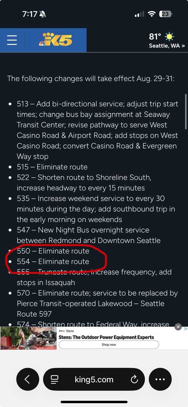 ST eliminating 550 and 554 route