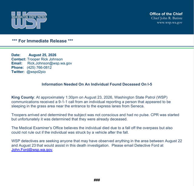 WSP requests help regarding a person found deceased near I5 and Seneca