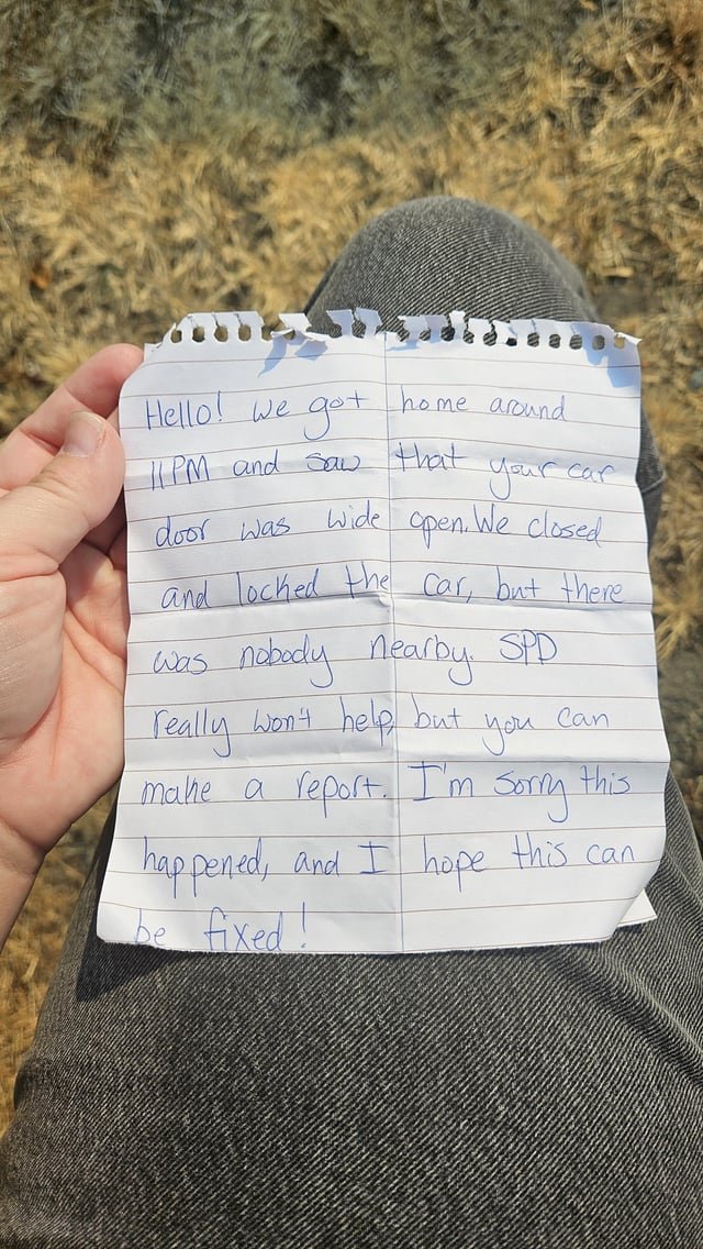 Thank you to whoever left this note on my car