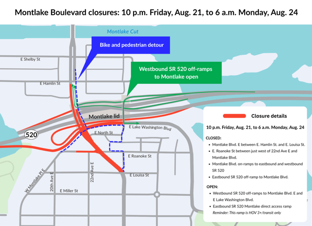 Heads up: Montlake Boulevard and several SR 520 ramps will close this weekend (Aug. 21-24)