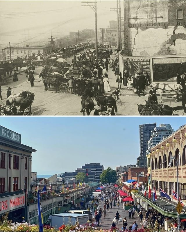Pike Place Market, a hundred and nineteen years apart.(1907/2026)