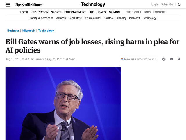 Bill Gates warns of job losses, rising harm in plea for AI policies