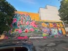 Easter eggs in the mural in the parking lot at Burritos California