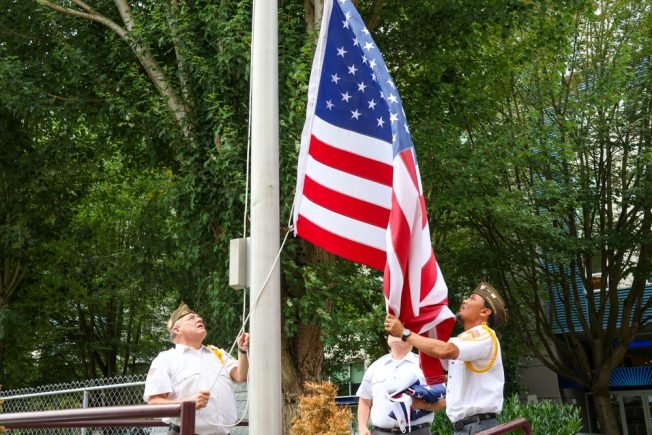 LABOR DAY: Alki Masonic Lodge, with VFW assistance, raises their new flag