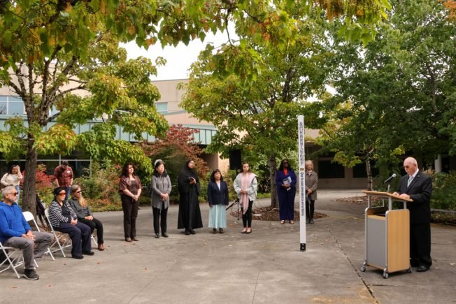 VIDEO, PHOTOS: ‘May peace prevail on earth.’ South Seattle College welcomes Rotary Club of West Seattle’s 10th Peace Pole