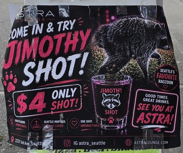 Hello fellow consumer! Please do enjoy « Jimothy Shot™ » at Astra Lounge! Tasty AI Slop! $4 ONLY SHOT