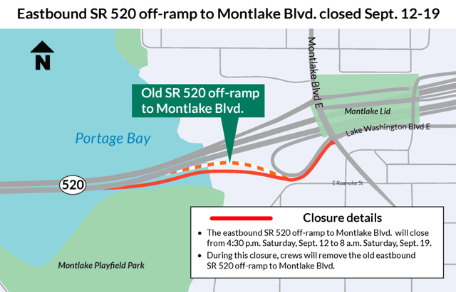 HEADS UP: EB SR 520 off-ramp to Montlake Blvd closing for a FULL WEEK Sept. 12-19