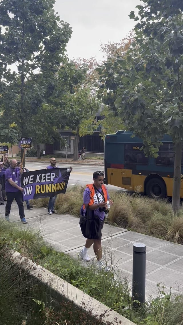 Happening now: SEIU 925 rally and march for UW workers, ending at Gateway Building