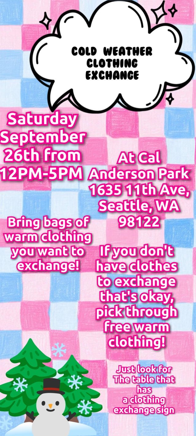 FREE Cold Weather Clothing Exchange 9/26 at Cal Anderson