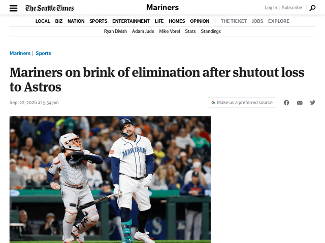 Mariners on brink of elimination after shutout loss to Astros