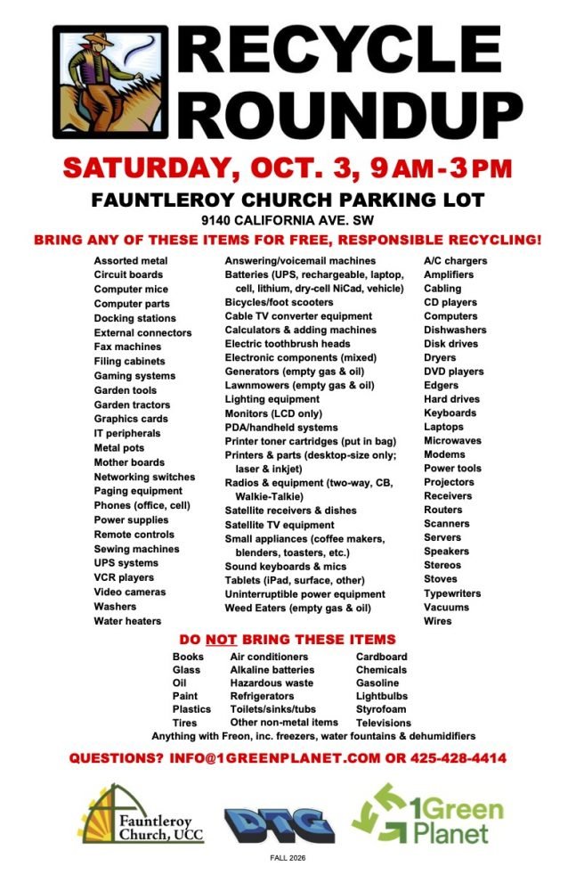 Get ready for fall Recycle Roundup at Fauntleroy Church! Here’s what you can and can’t drop off this time