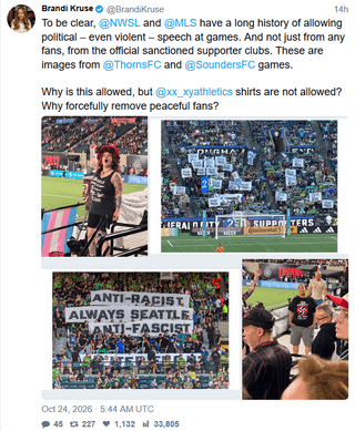 Brandi Kruse attends women’s soccer game in Portland, takes issue with anti-Nazi slogans and imagery, gets thrown out anyways