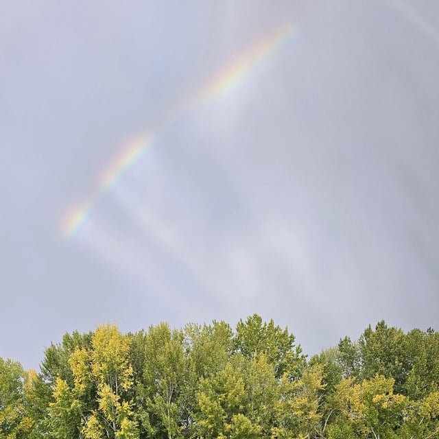 Interesting rainbow effect, like a beam being projected into the sky over Bellevue