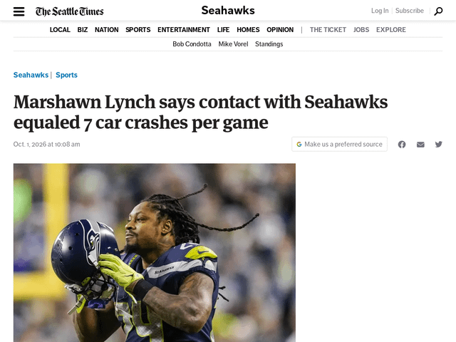 Marshawn Lynch says contact with Seahawks equaled 7 car crashes per game