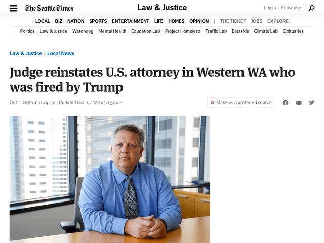 Judge reinstates U.S. attorney in Western WA who was fired by Trump