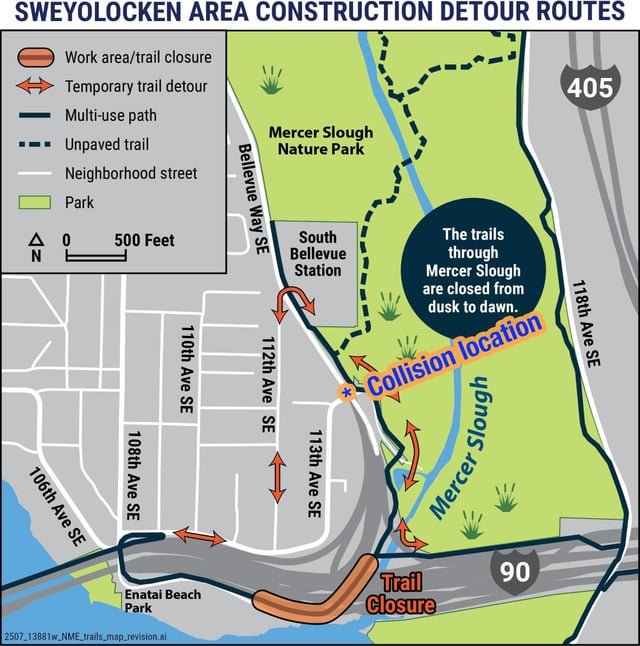 SUV driver strikes and kills person biking on Bellevue Way near I-90 Trail detour route